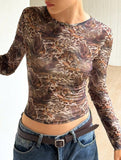 Sexy Leopard Print Sheer Fitted Mesh Shirt