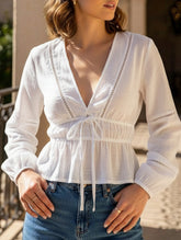 Lace-trimmed deep V-neck ruffled shirt