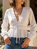 Lace-trimmed deep V-neck ruffled shirt