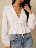 Lace-trimmed deep V-neck ruffled shirt