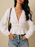 Lace-trimmed deep V-neck ruffled shirt