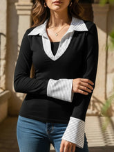 Faux two-piece high street color-blocked knit shirt