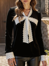 Retro-style patchwork lace trim bow shirt