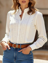 Lace-trimmed stand-collar cutout shirt