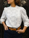 Round neck puff sleeve button embroidered shirt