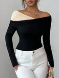 Off-the-shoulder irregular pleats slim-fit long top