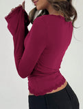 Lace V-neck tie waist bell sleeve shirt