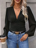 Sexy V-neck slim-fitting lantern sleeve shirt