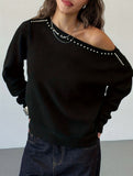Riveted, one-shoulder long-sleeved knit sweater