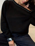 Riveted, one-shoulder long-sleeved knit sweater