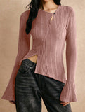 Patchwork long-sleeved button T-shirt