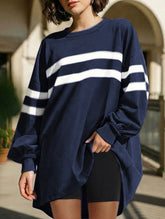 Solid color striped crew neck loose sweatshirt