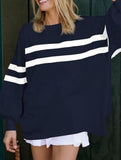 Solid color striped crew neck loose sweatshirt