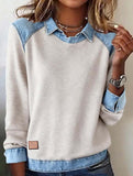 Denim collar long-sleeved patchwork shirt