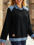 Denim collar long-sleeved patchwork shirt