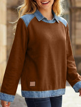 Denim collar long-sleeved patchwork shirt