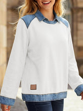 Denim collar long-sleeved patchwork shirt