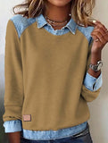 Denim collar long-sleeved patchwork shirt