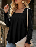 WOMEN SQAURE NECK SHIRRED CUFF LONG SLEEVE BLOUSE