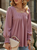 WOMEN SQAURE NECK SHIRRED CUFF LONG SLEEVE BLOUSE