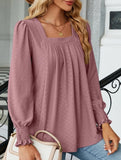 WOMEN SQAURE NECK SHIRRED CUFF LONG SLEEVE BLOUSE