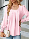 WOMEN SQAURE NECK SHIRRED CUFF LONG SLEEVE BLOUSE