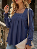 WOMEN SQAURE NECK SHIRRED CUFF LONG SLEEVE BLOUSE
