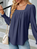 WOMEN SQAURE NECK SHIRRED CUFF LONG SLEEVE BLOUSE