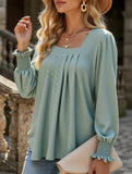 WOMEN SQAURE NECK SHIRRED CUFF LONG SLEEVE BLOUSE