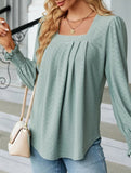WOMEN SQAURE NECK SHIRRED CUFF LONG SLEEVE BLOUSE