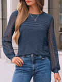 Solid color round neck patchwork hollow shirt