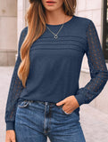 Solid color round neck patchwork hollow shirt