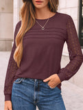 Solid color round neck patchwork hollow shirt