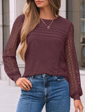 Solid color round neck patchwork hollow shirt
