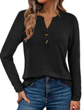 Stylish solid color long-sleeved V-neck button T-shirt