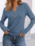 Stylish solid color long-sleeved V-neck button T-shirt