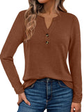 Stylish solid color long-sleeved V-neck button T-shirt