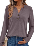 Stylish solid color long-sleeved V-neck button T-shirt