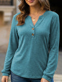 Stylish solid color long-sleeved V-neck button T-shirt