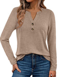 Stylish solid color long-sleeved V-neck button T-shirt