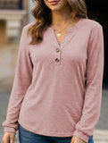 Stylish solid color long-sleeved V-neck button T-shirt