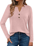 Stylish solid color long-sleeved V-neck button T-shirt