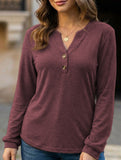 Stylish solid color long-sleeved V-neck button T-shirt