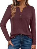 Stylish solid color long-sleeved V-neck button T-shirt