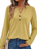 Stylish solid color long-sleeved V-neck button T-shirt
