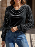 Stylish turtleneck sequin patchwork T-shirt