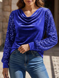 Stylish turtleneck sequin patchwork T-shirt