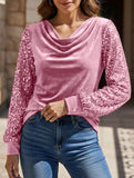 Stylish turtleneck sequin patchwork T-shirt