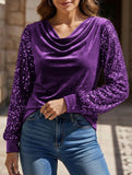 Stylish turtleneck sequin patchwork T-shirt