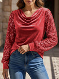 Stylish turtleneck sequin patchwork T-shirt